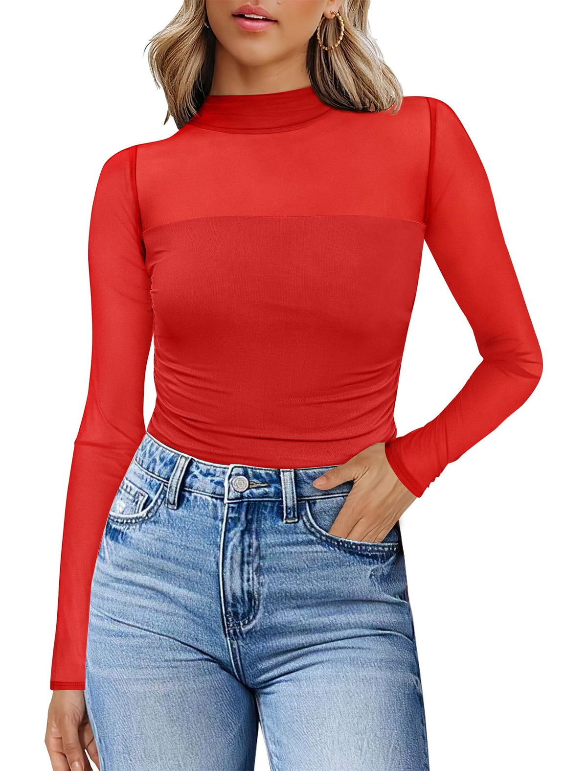 Womens Sexy Mesh Long Sleeve Shirts Fashion Clothing Turtle Necks Sheer Ruched Going Out Tops Fall Outfits Slim Fit Blouses