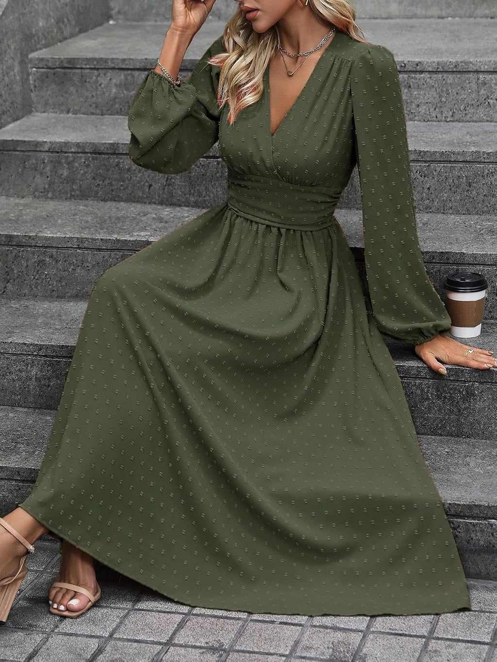 Mettclasi Women's Spring Fall Swiss Dot V-Neck Midi Dress Casual Puff Long Lantern Sleeve A-Line Flowy Wedding Guest Dress