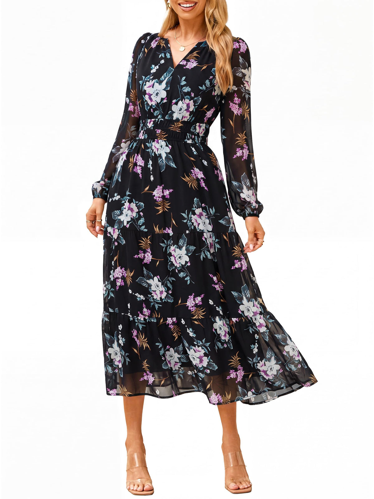 Simplee Women's Floral Boho Long Sleeve Maxi Dress V Neck Empire Waist Swing Flowy Wedding Guest Dress