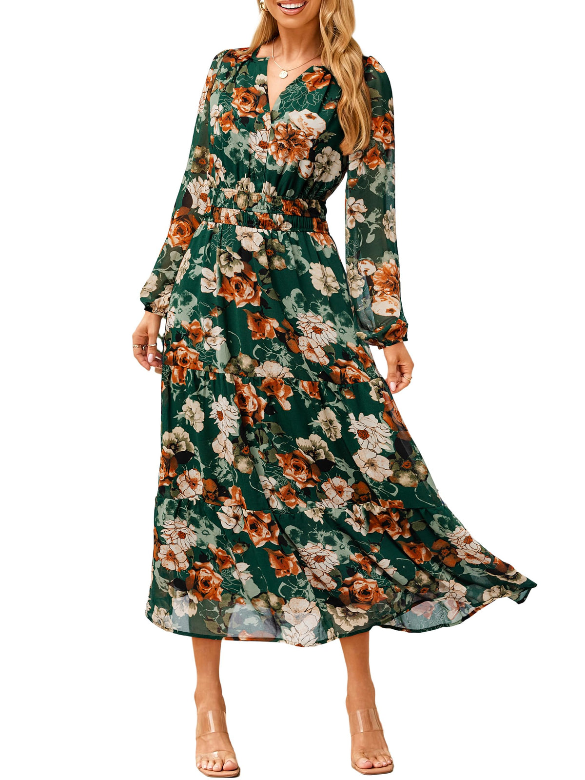 Simplee Women's Floral Boho Long Sleeve Maxi Dress V Neck Empire Waist Swing Flowy Wedding Guest Dress