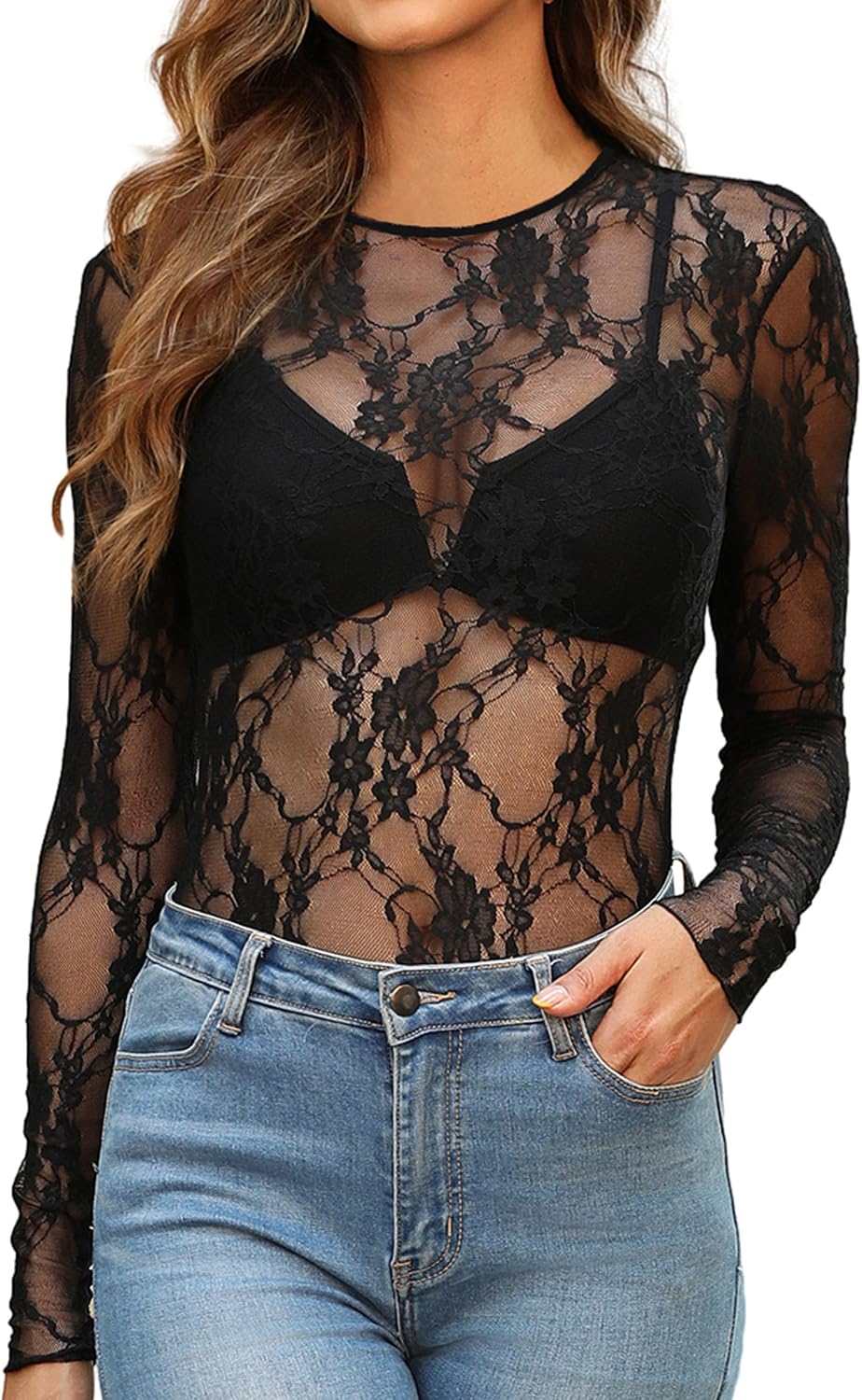OFEEFAN Womens Mesh Tops Lace Long Sleeve Shirts Crewneck Slim Fitted Outfits See Through Blouses