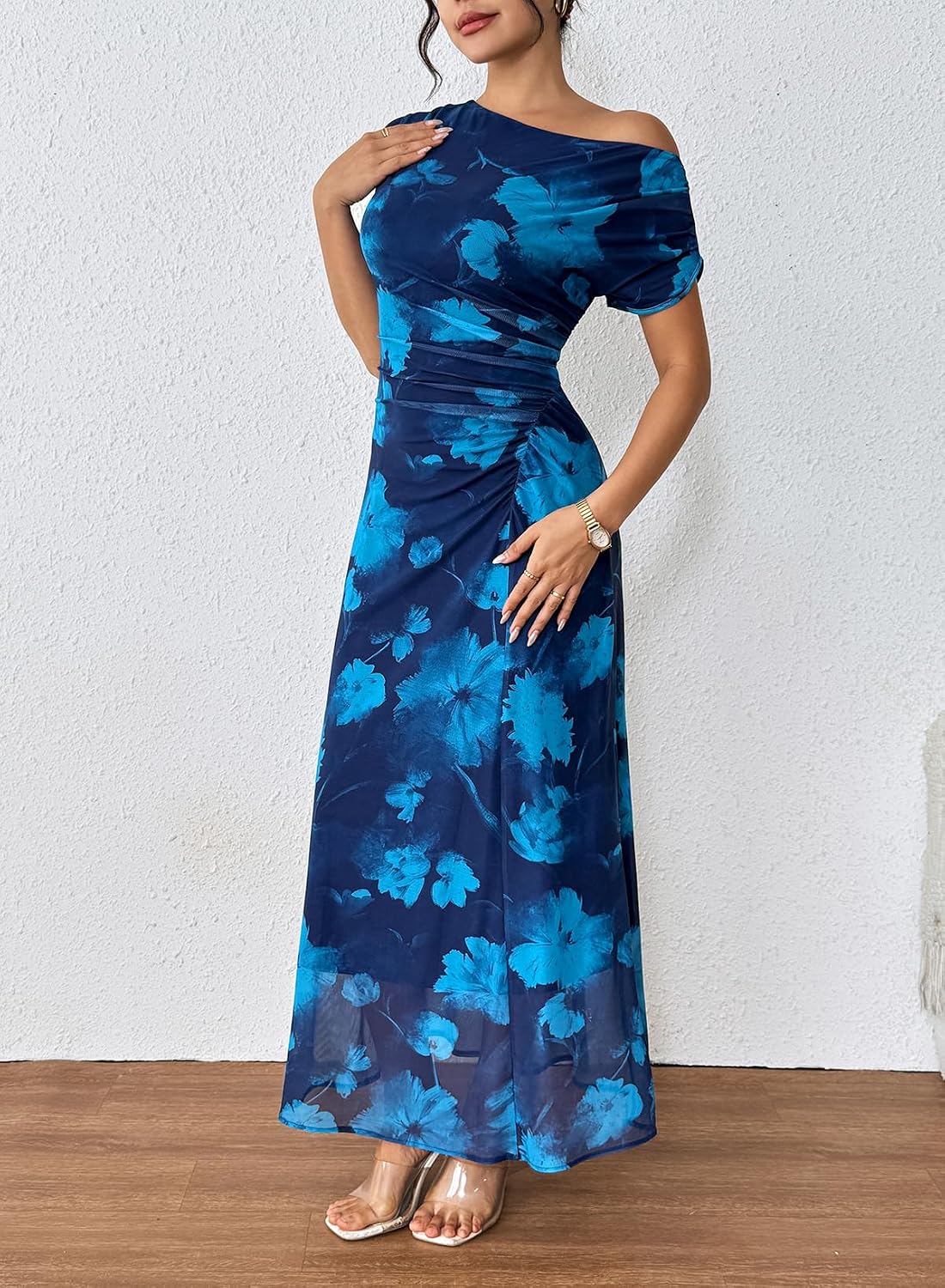BLENCOT Women's Floral Off Shoulder Wedding Guest Dress Party Gown