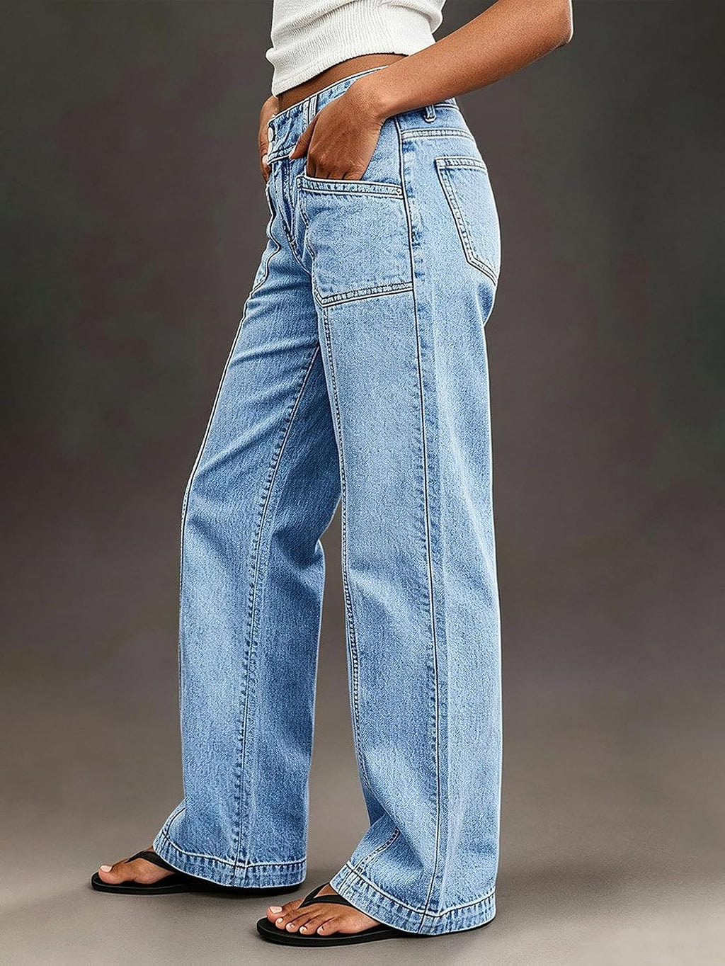 Flamingals Straight Leg Mid Waist Jeans for Women Wide Trendy