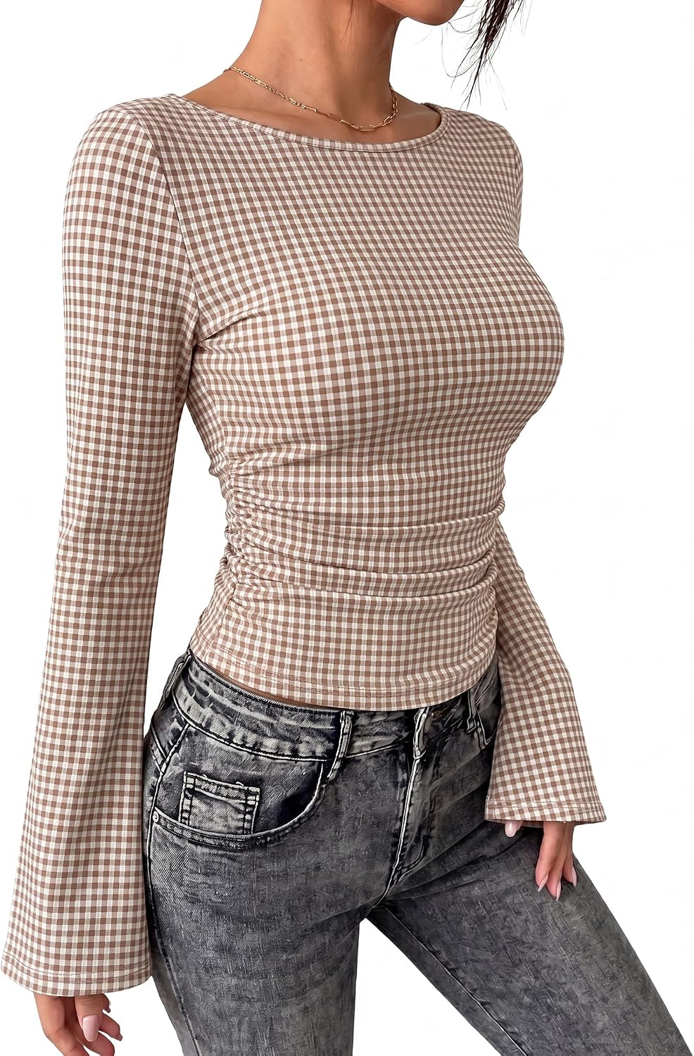 WIHOLL Bell Sleeve Tops for Women Boat Neck Ruched Ribbed Long Sleeve Fall Shirts for Women 2026