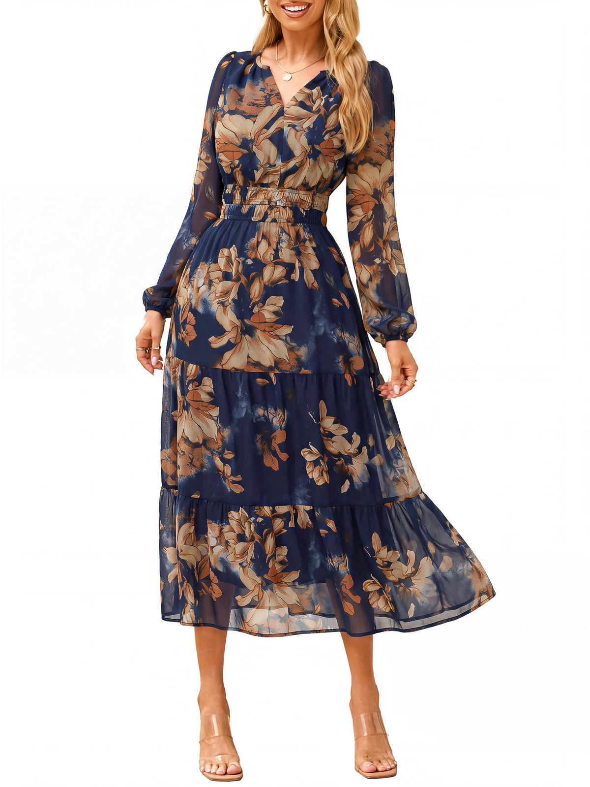 Simplee Women's Floral Boho Long Sleeve Maxi Dress V Neck Empire Waist Swing Flowy Wedding Guest Dress