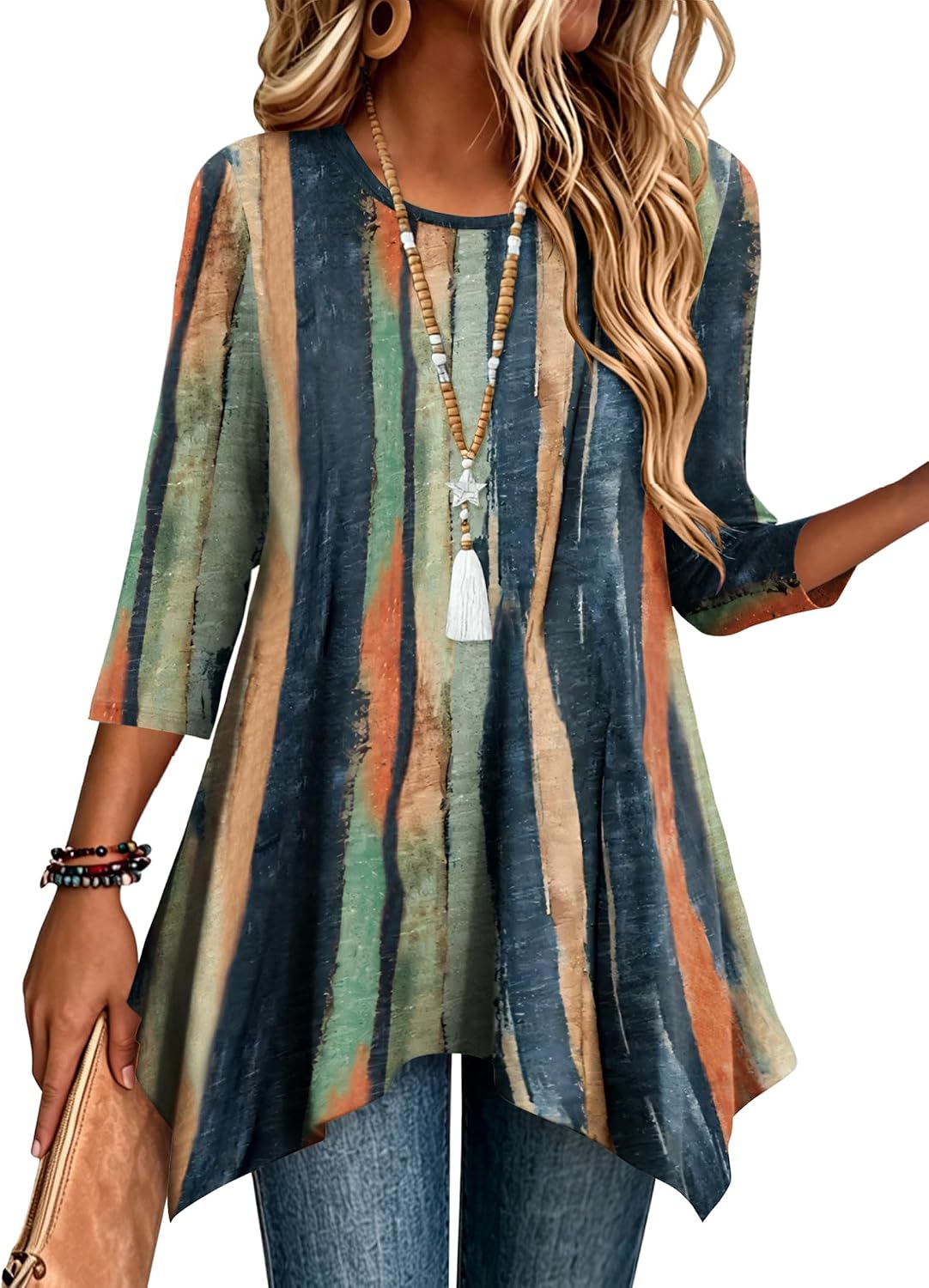 Zeagoo Womens Tops 3/4 Sleeve Loose Fit Dressy Tunics Plus Size Boho Shirts