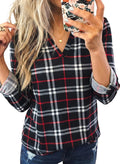 Dokotoo Womens Tops Plaid Cotton Cuffed 3/4 Sleeve Shirts Blouses