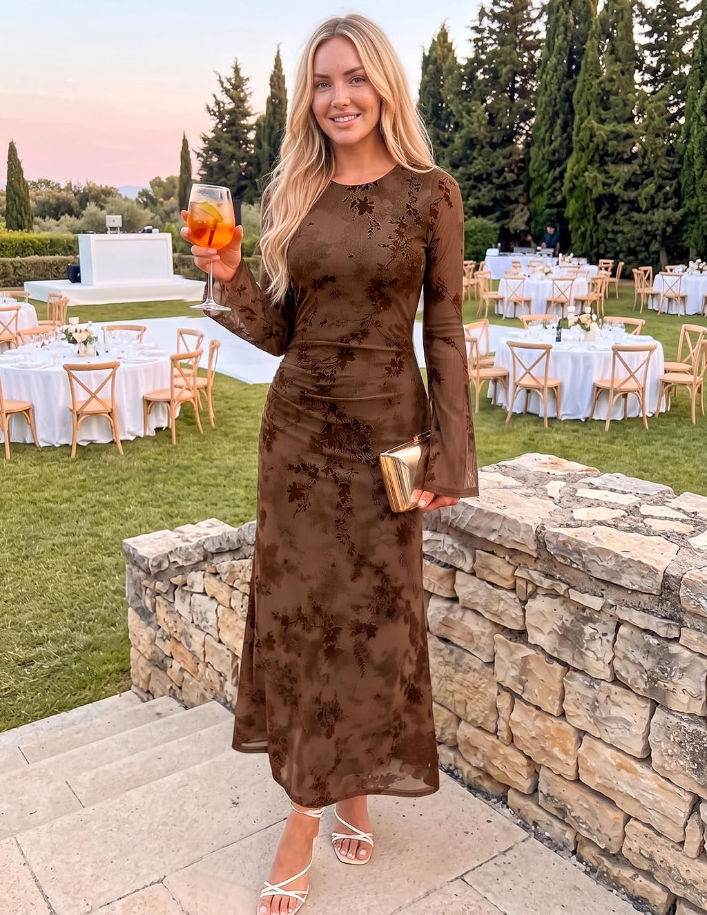ZESICA Womens Long Sleeve Floral Fall Bodycon Ruched Mesh Maxi Formal Dress