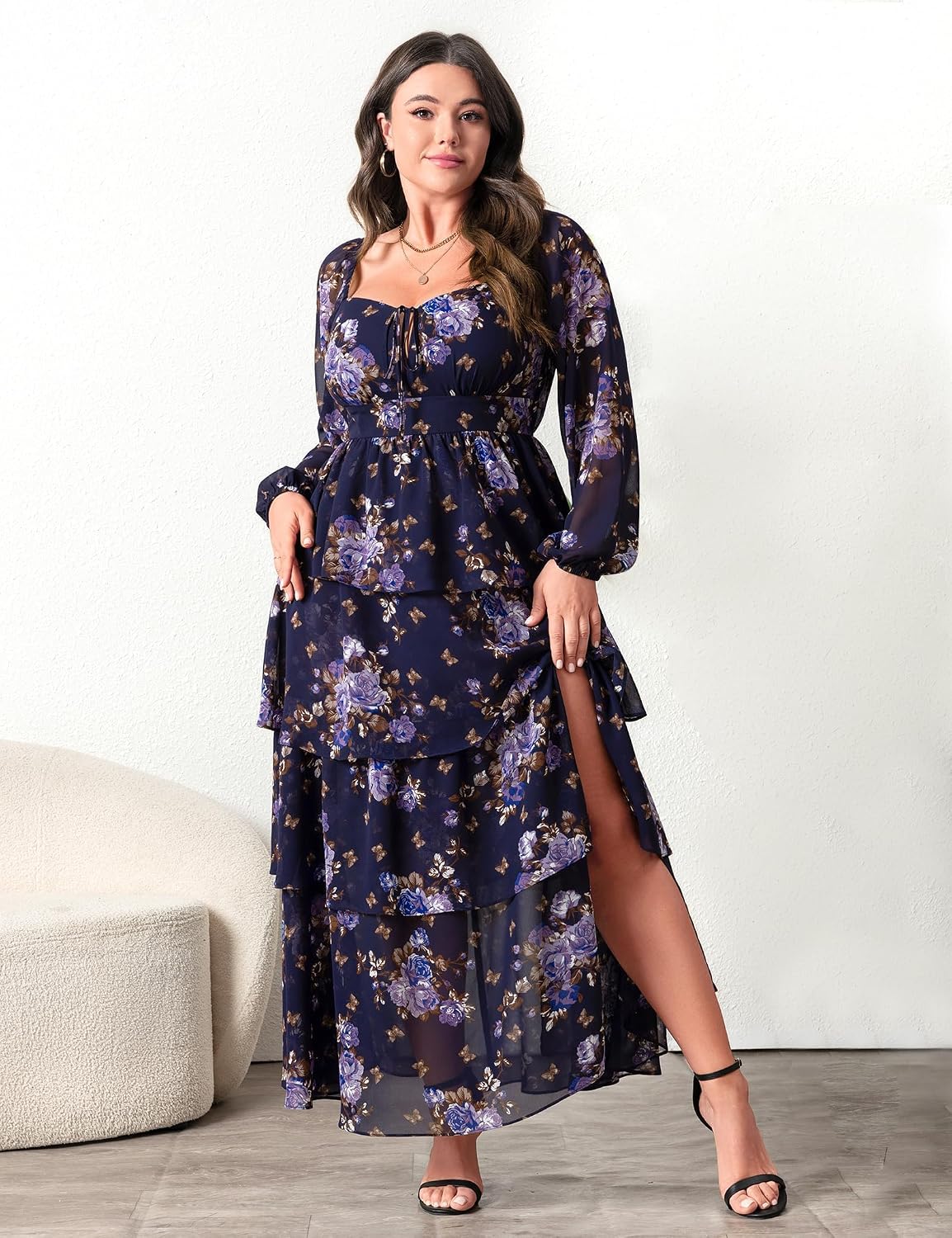 EYWOL Plus Size Long Sleeve Floral Tiered Semi Formal Wedding Guest Dress