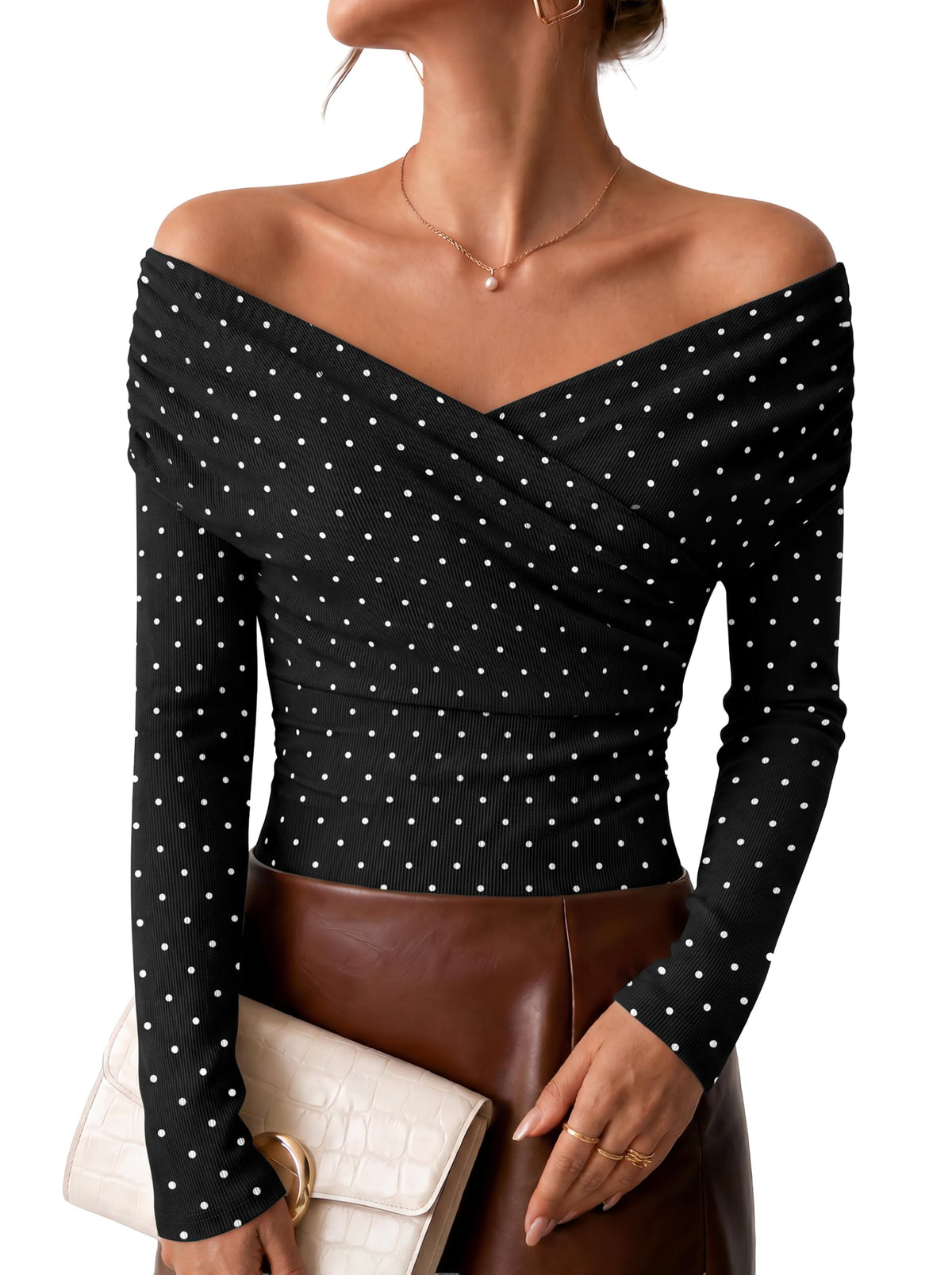 ZESICA Womens 2026 Fall Long Sleeve Wrap Off Shoulder Y2K Going Out Tops