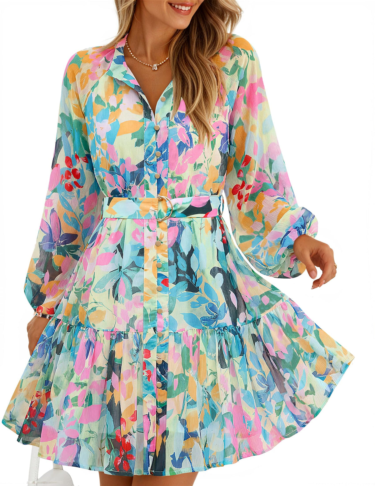 ZESICA Womens 2026 Fall Long Sleeve Floral Mini Dress