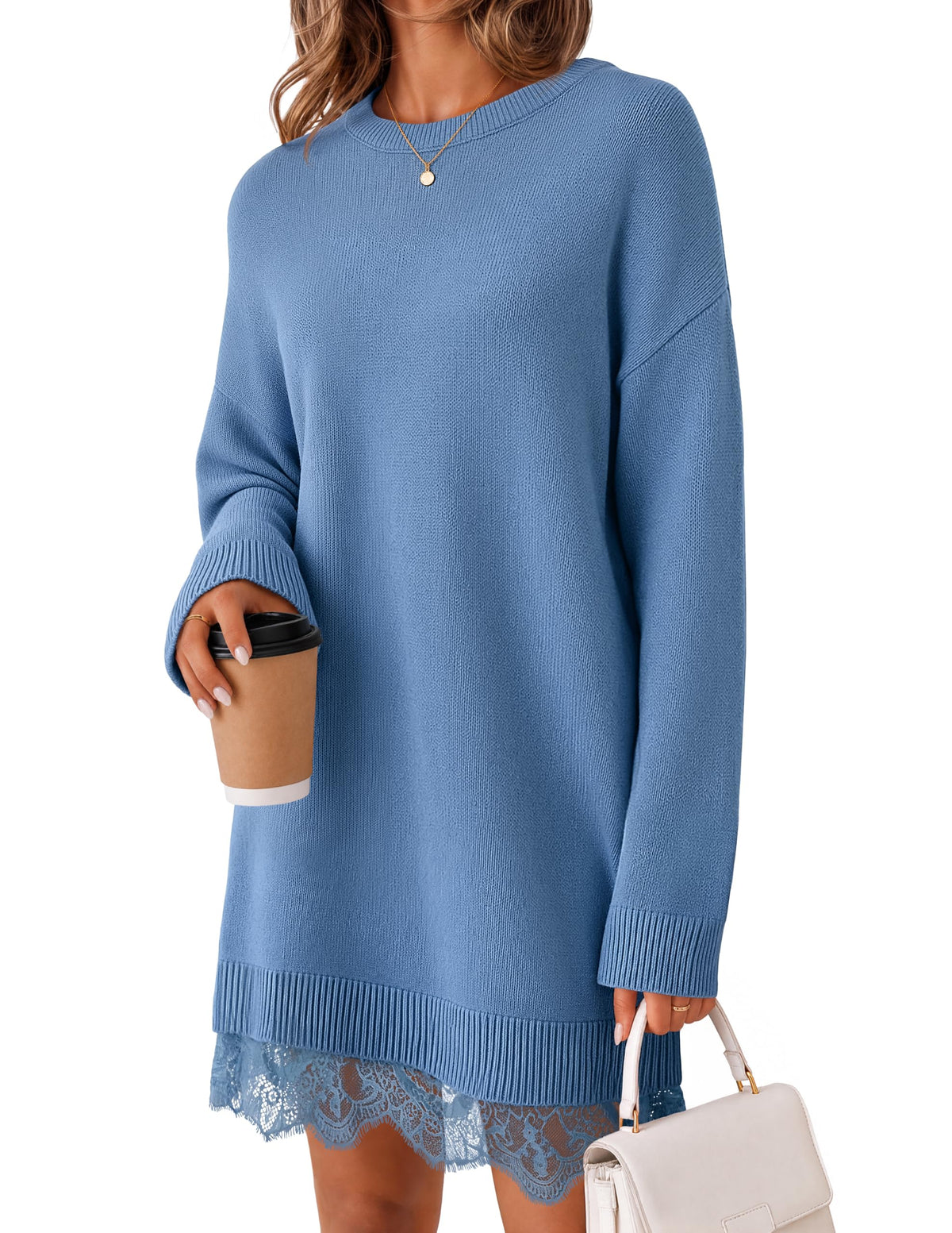 MEROKEETY Women's Fall Long Sleeve Lace Oversized Casual Knit Sweater Dress