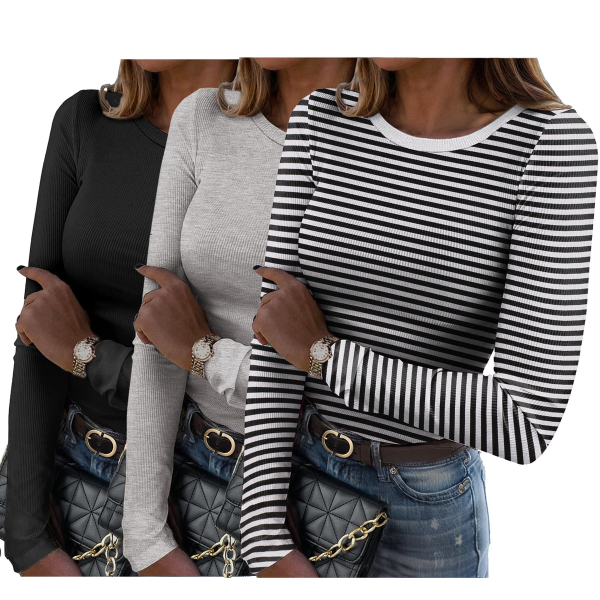 Zeagoo Women Long Sleeve Shirts Ribbed Slim Fit Tops Crewneck Basic Tee