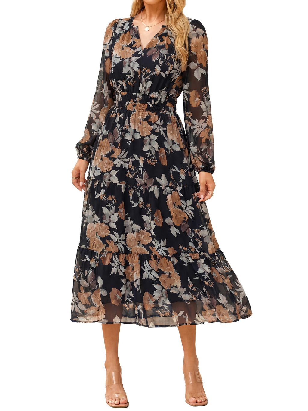 Simplee Women's Floral Boho Long Sleeve Maxi Dress V Neck Empire Waist Swing Flowy Wedding Guest Dress