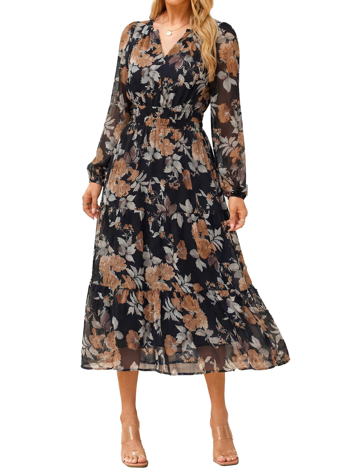 Simplee Women's Floral Boho Long Sleeve Maxi Dress V Neck Empire Waist Swing Flowy Wedding Guest Dress