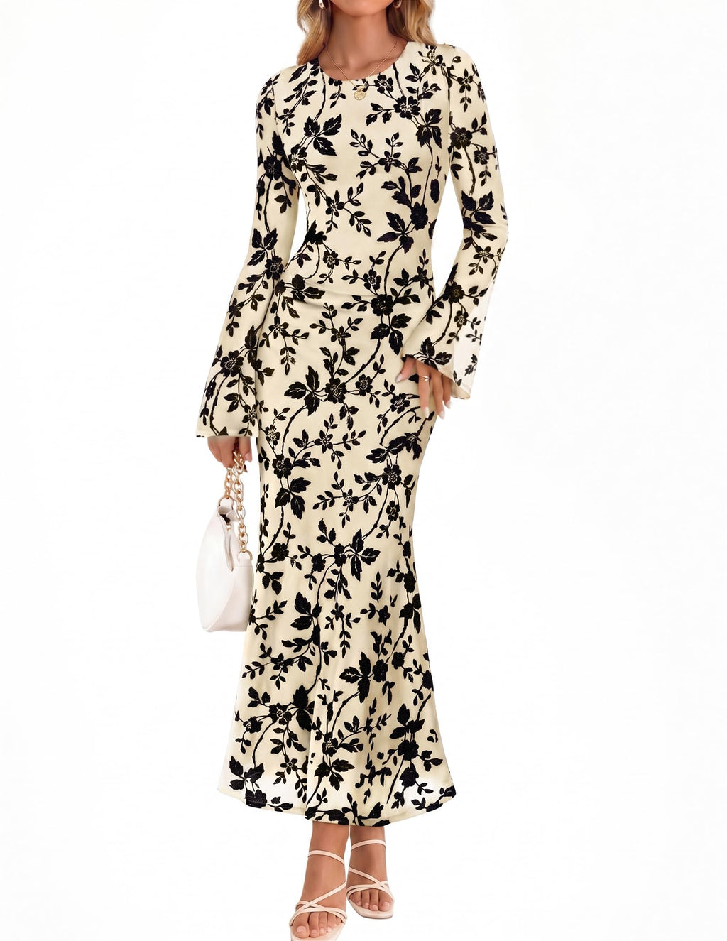 ZESICA Womens Long Sleeve Floral Fall Bodycon Ruched Mesh Maxi Formal Dress
