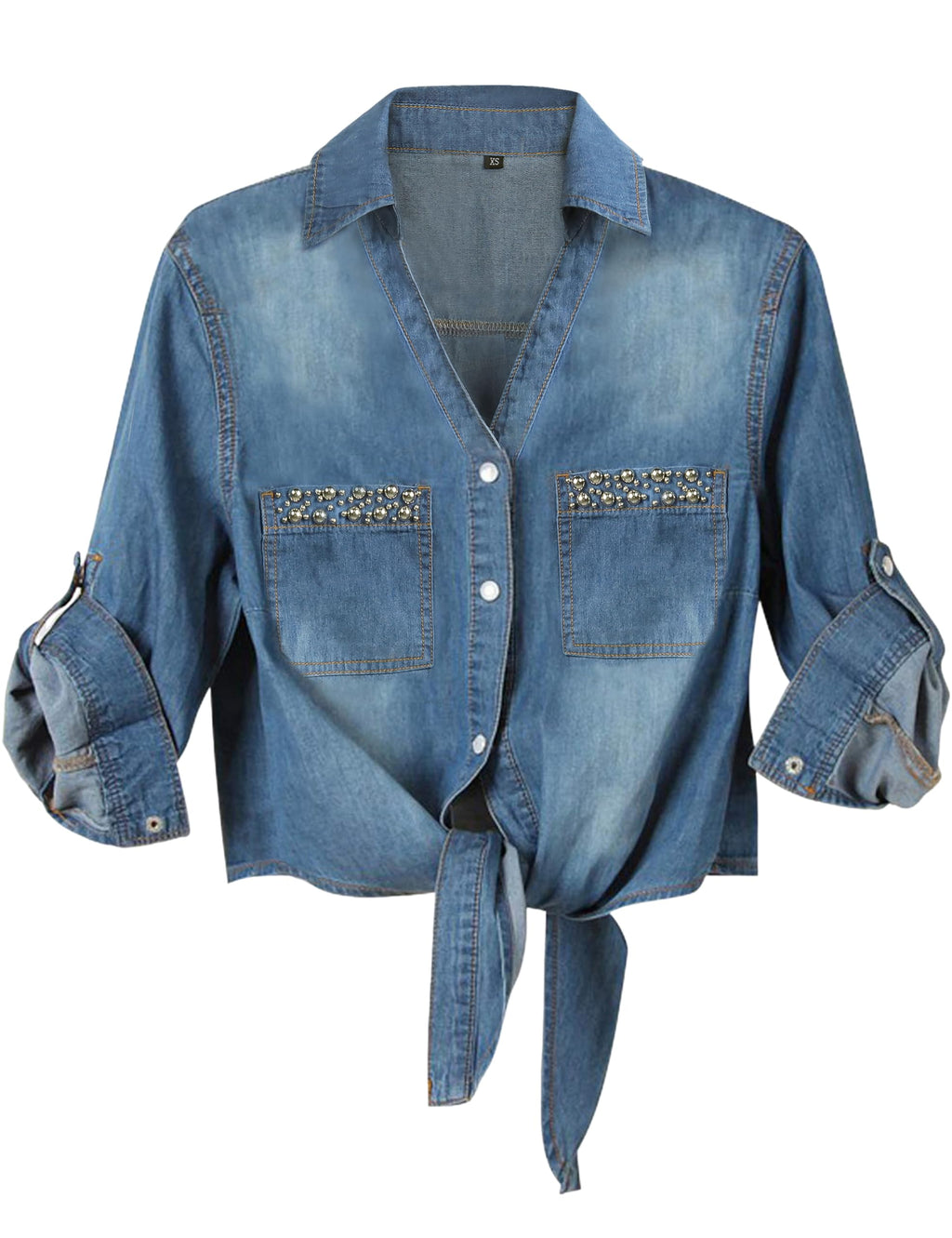 Women's Denim Shirt Roll Up 3/4 Sleeve Tie Front Knot Chambray Crop Top