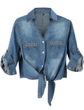 Women's Denim Shirt Roll Up 3/4 Sleeve Tie Front Knot Chambray Crop Top
