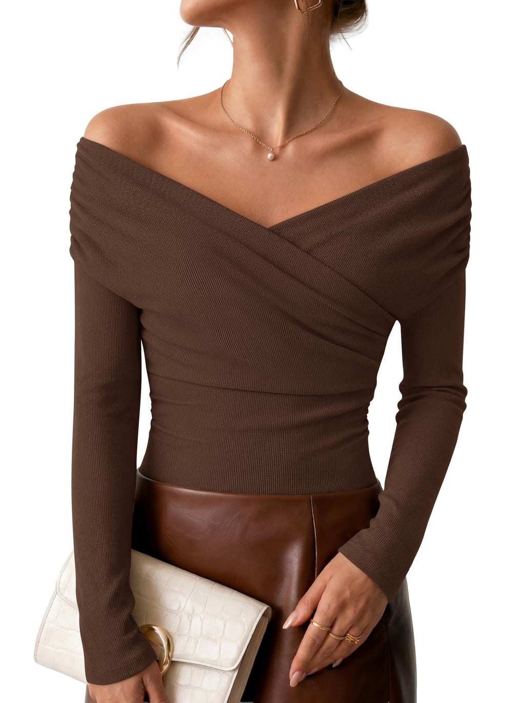 ZESICA Womens 2026 Fall Long Sleeve Wrap Off Shoulder Y2K Going Out Tops