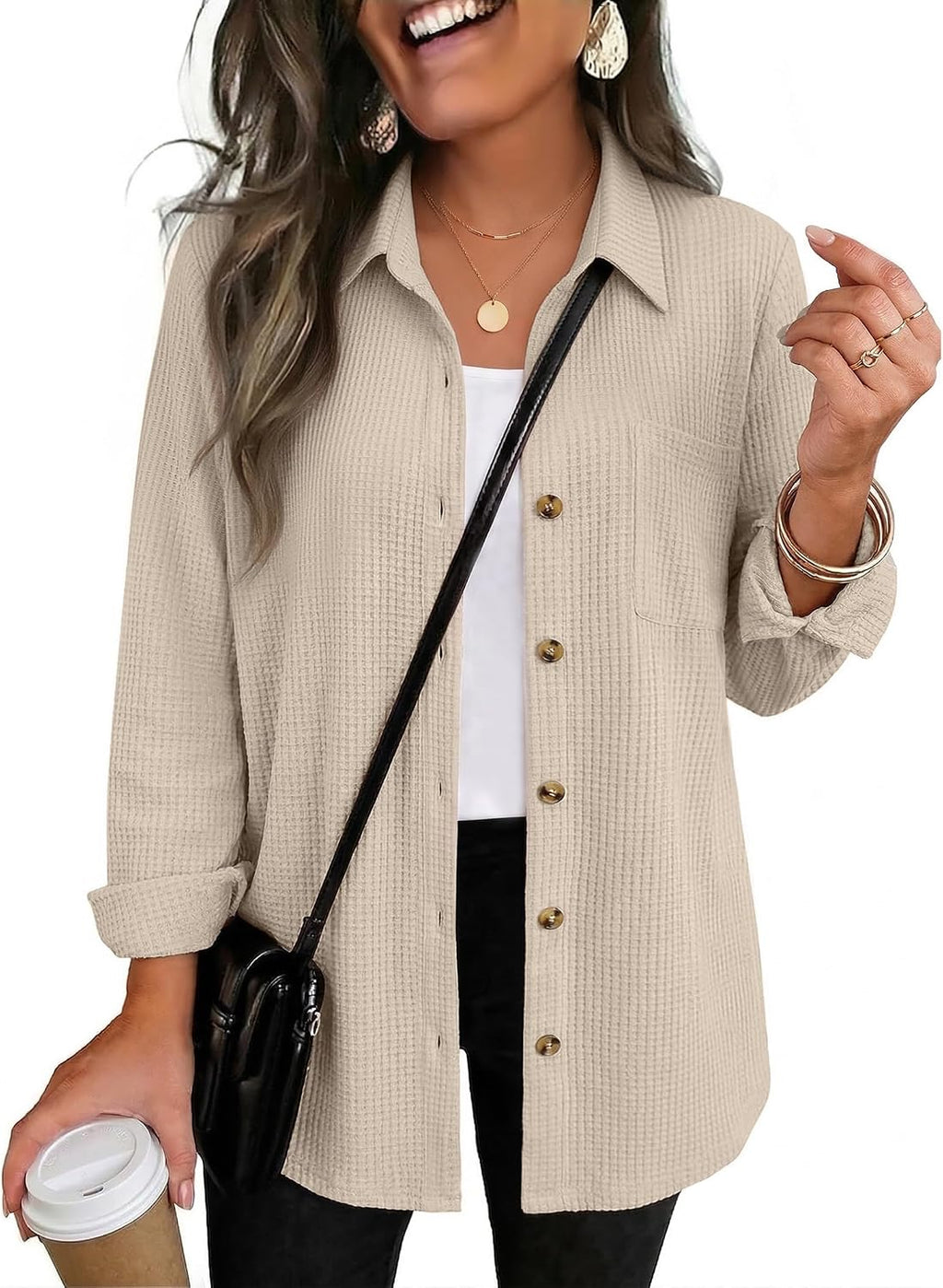 Zeagoo Womens Waffle Knit Shacket Button Down Long Sleeve Tops with Pocket