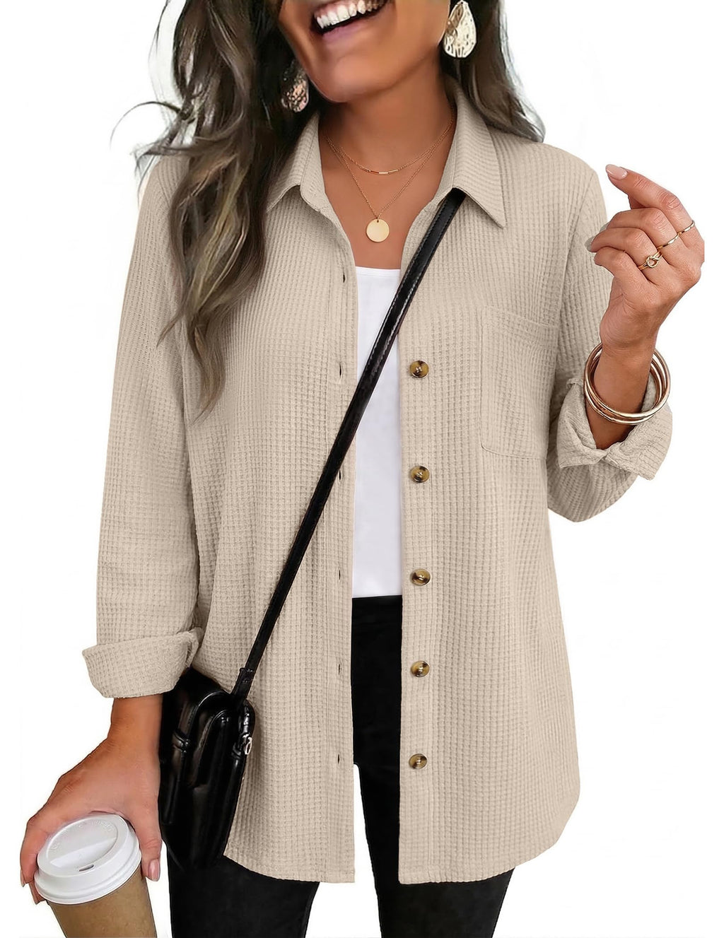 Zeagoo Womens Waffle Knit Shacket Button Down Long Sleeve Tops with Pocket