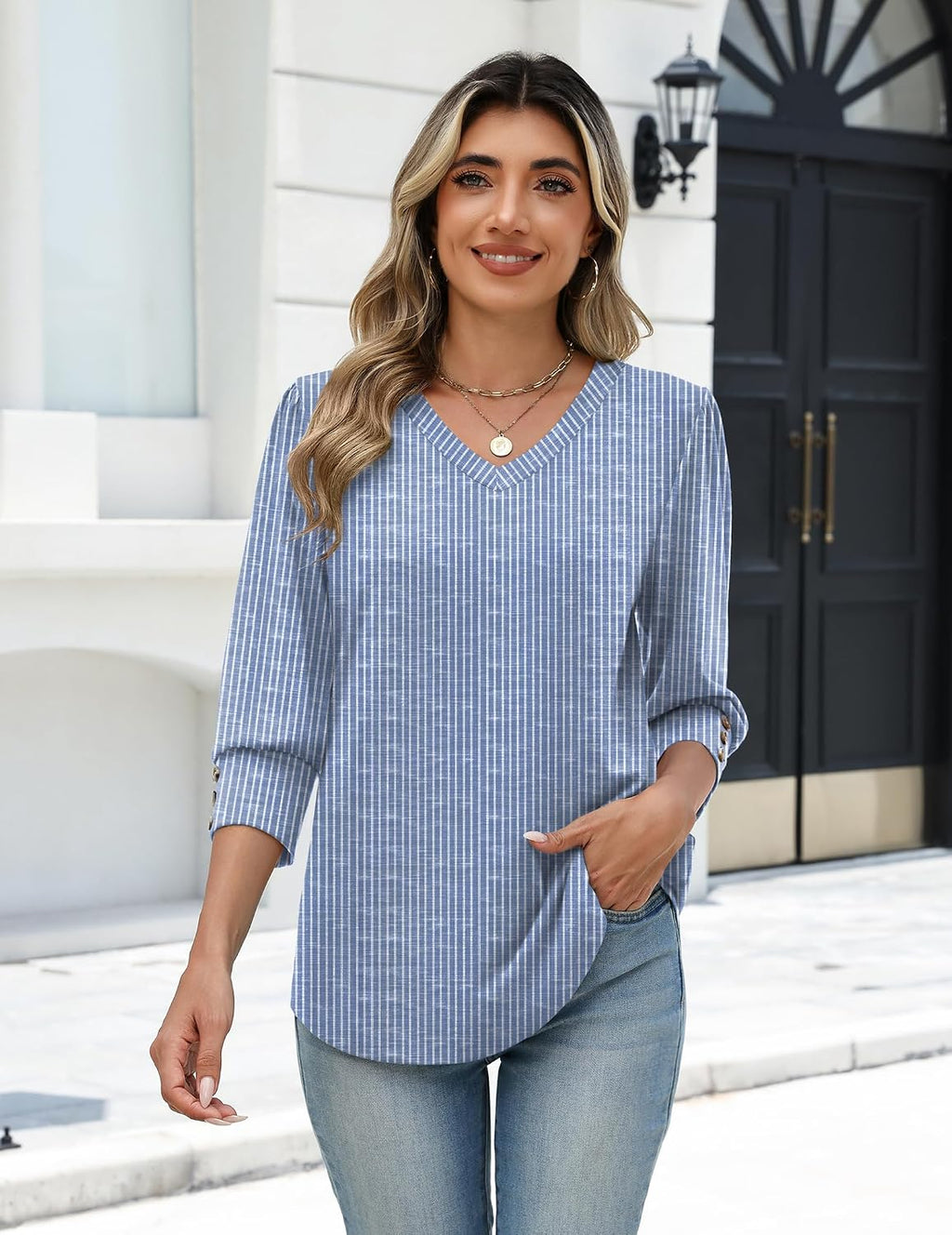 Zeagoo Womens 3/4 Sleeve V Neck T Shirts Dressy Casual Tops