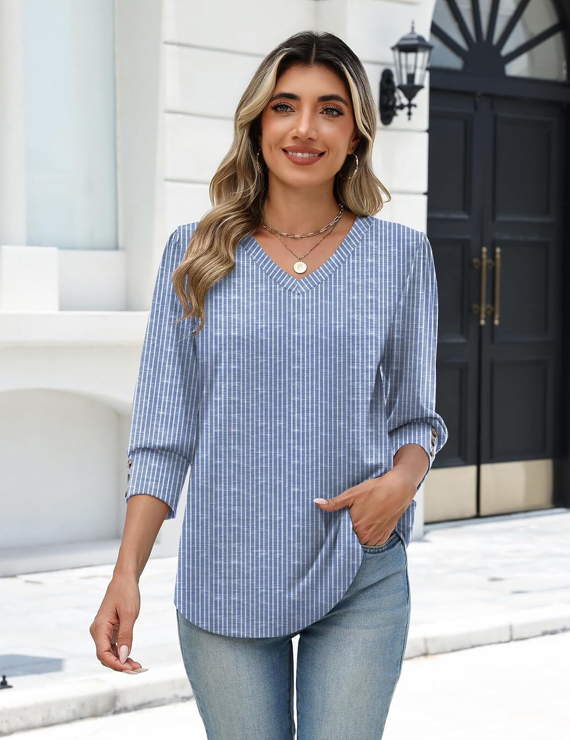 Zeagoo Womens 3/4 Sleeve V Neck T Shirts Dressy Casual Tops