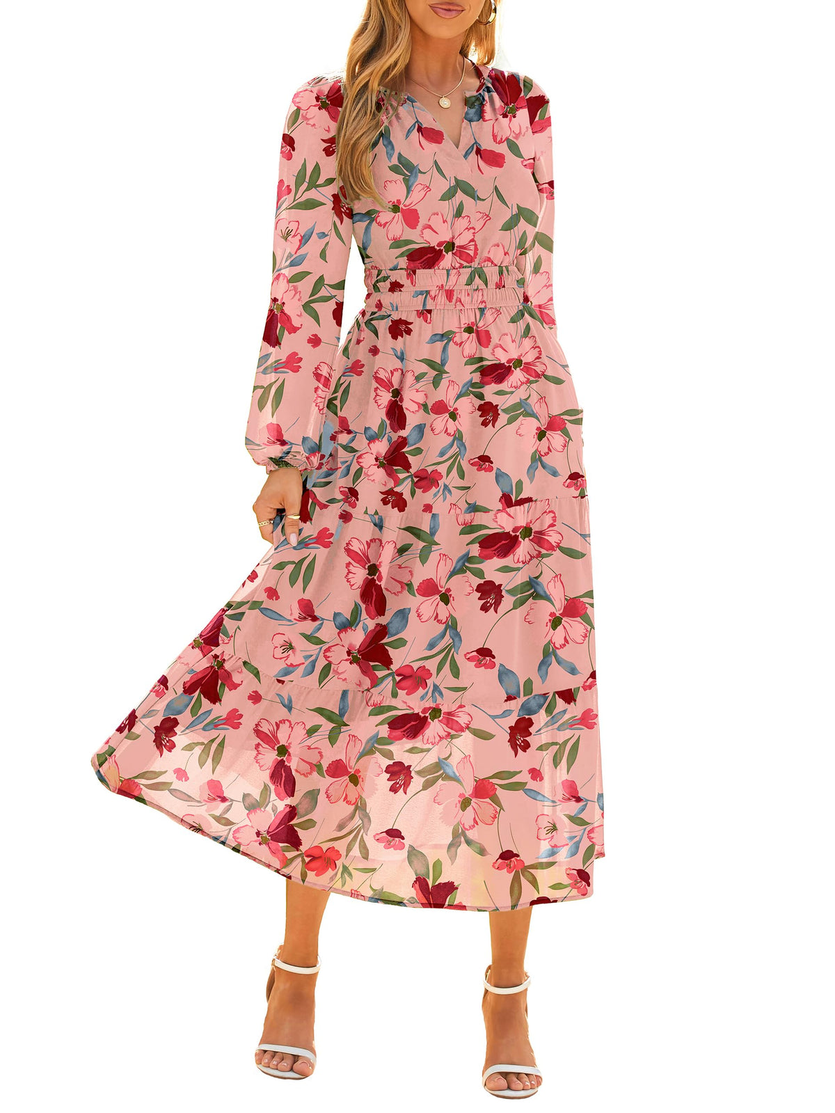 Simplee Women's Floral Boho Long Sleeve Maxi Dress V Neck Empire Waist Swing Flowy Wedding Guest Dress