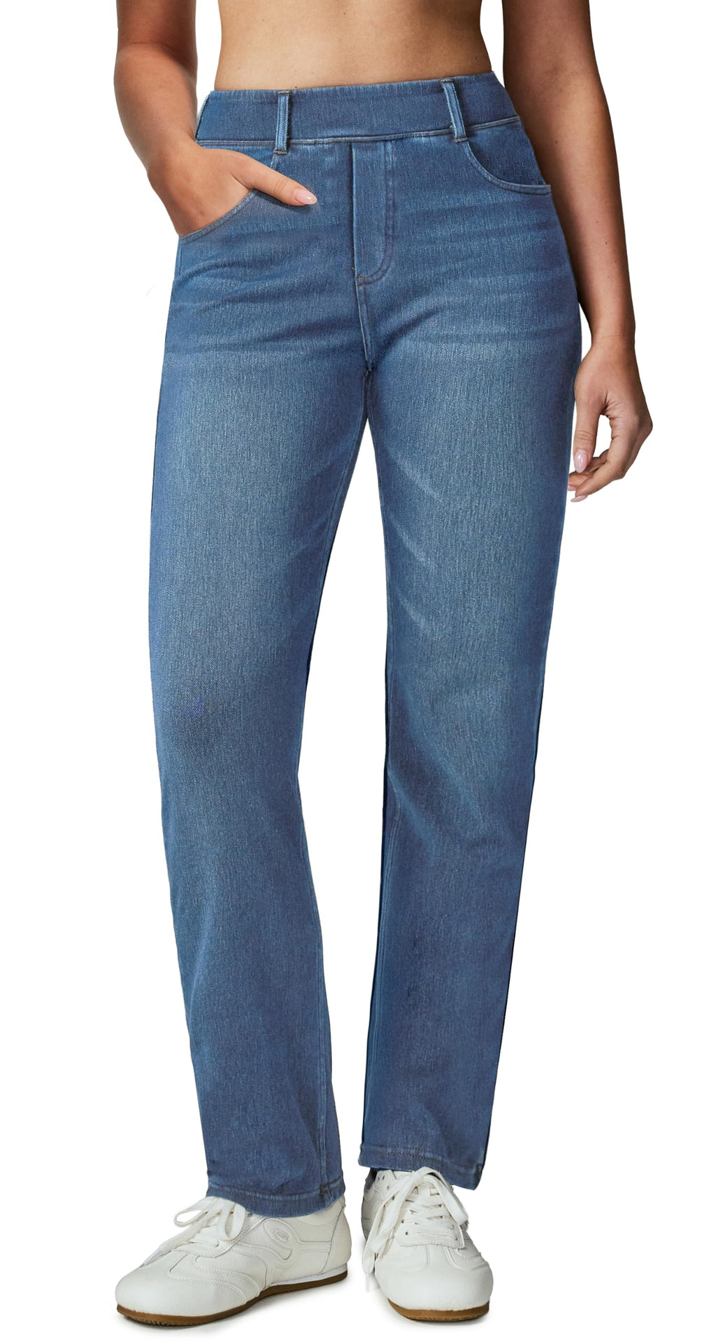 Stretchy Straight Leg Jeans for Women Trendy High Waisted Pull On Pants