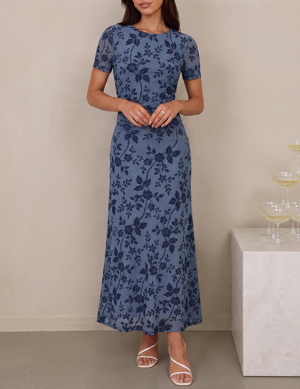 ZESICA Women Summer 2026 Floral Short Sleeve Bodycon Mesh Maxi Formal Dress