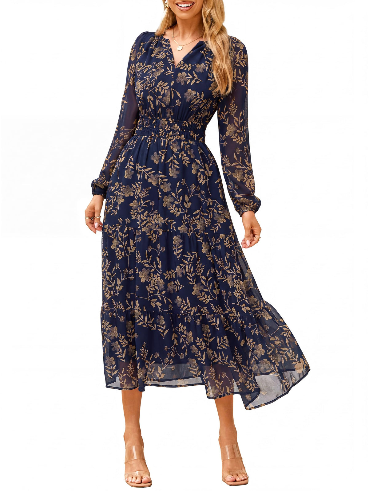 Simplee Women's Floral Boho Long Sleeve Maxi Dress V Neck Empire Waist Swing Flowy Wedding Guest Dress