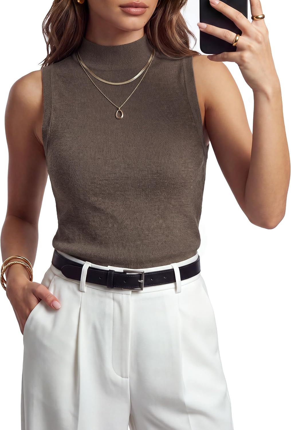 Arach&Cloz Women's Wool Blend Mock Neck Fall Business Casual Sweater Tank