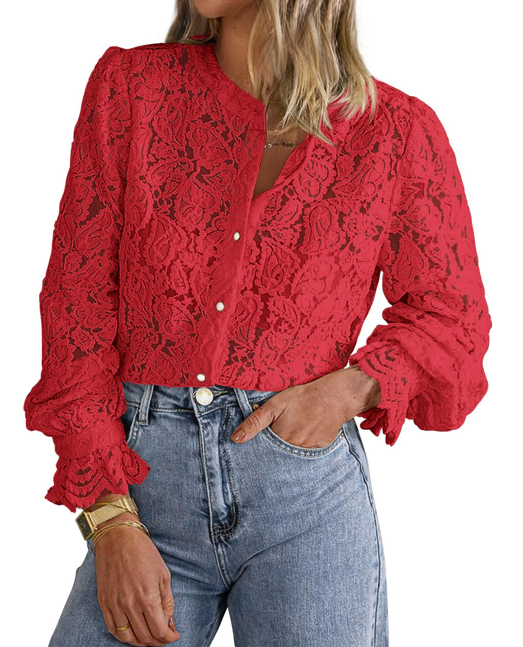 PRETTYGARDEN Women's Fall Trendy Long Sleeve Lace Tops