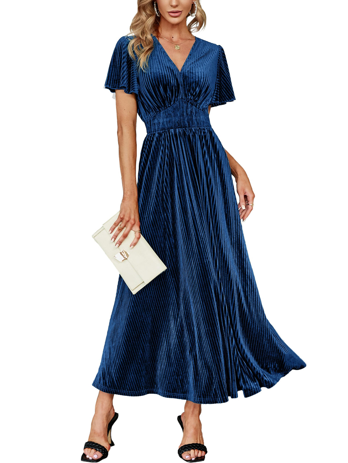 Simplee Women’s V Neck Velvet Maxi Dress Short Sleeve Empire Waist Long Formal Dress for Wedding Guest