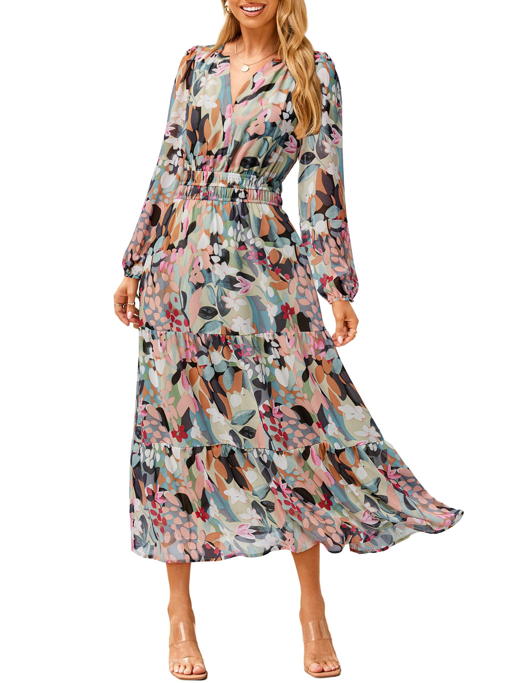 Simplee Women's Floral Boho Long Sleeve Maxi Dress V Neck Empire Waist Swing Flowy Wedding Guest Dress