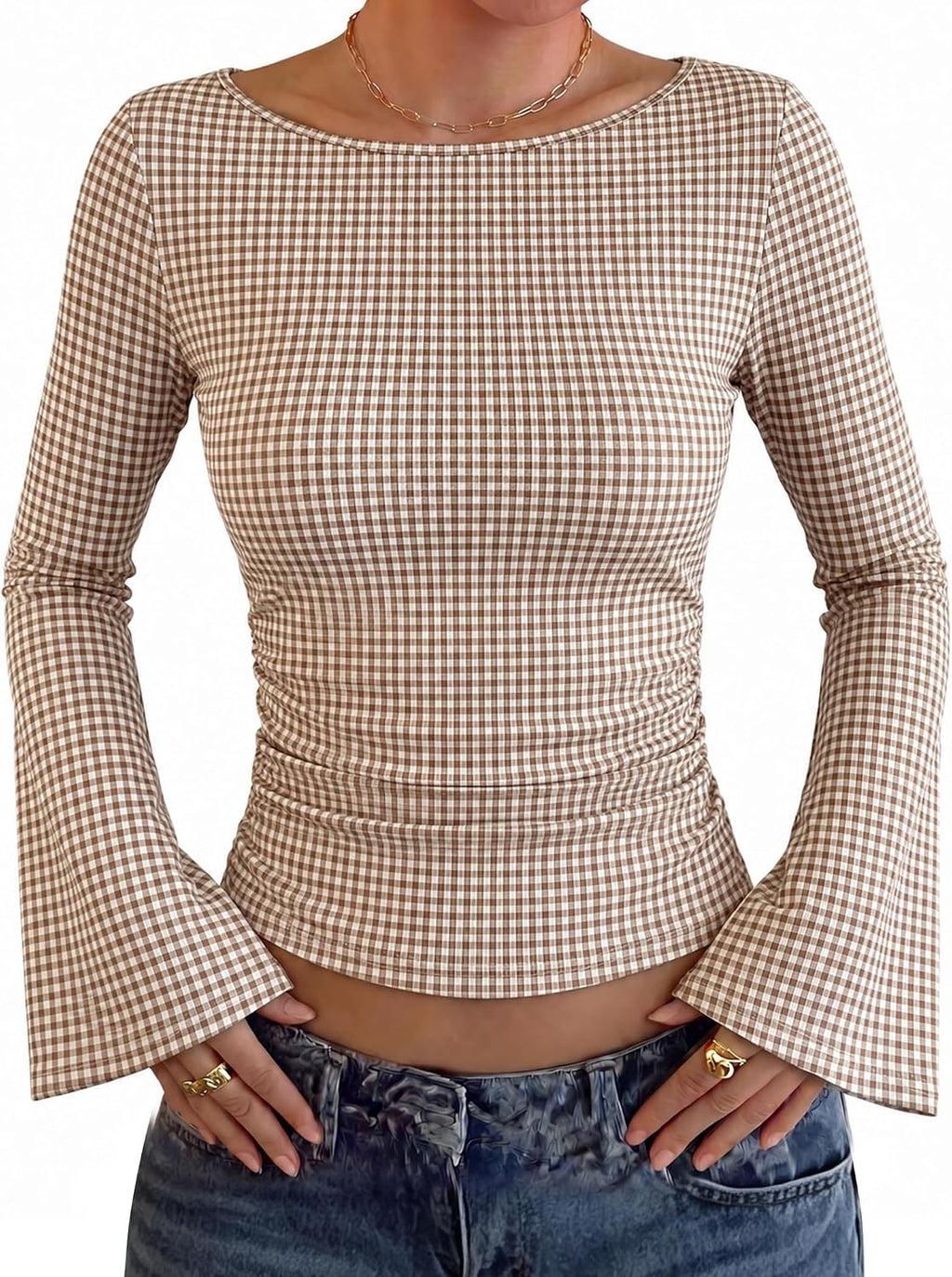 WIHOLL Bell Sleeve Tops for Women Boat Neck Ruched Ribbed Long Sleeve Fall Shirts for Women 2026