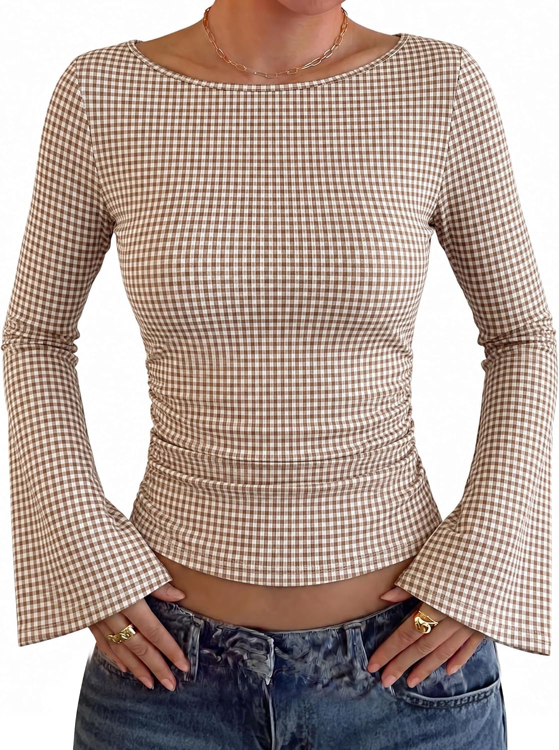 WIHOLL Bell Sleeve Tops for Women Boat Neck Ruched Ribbed Long Sleeve Fall Shirts for Women 2026