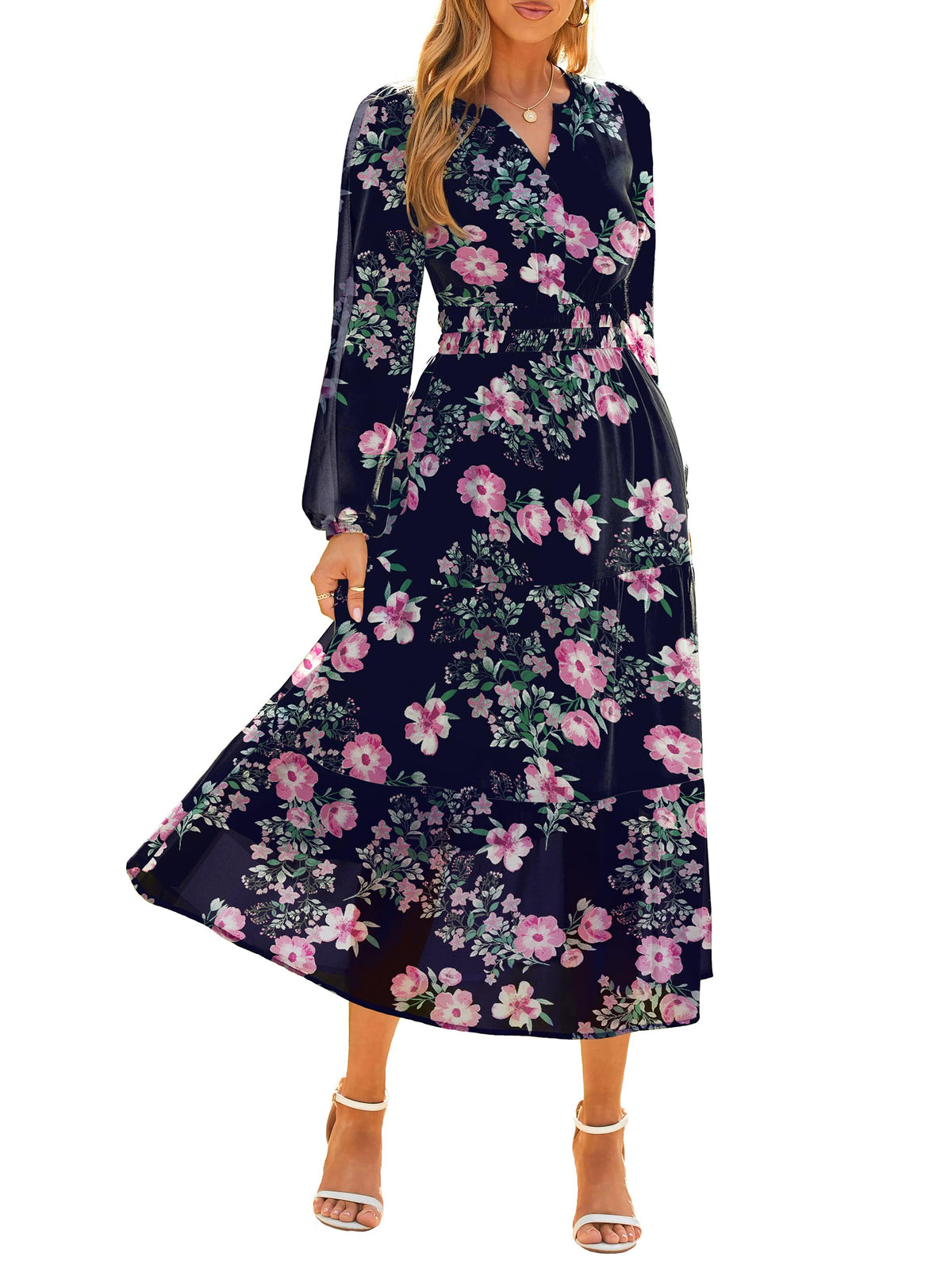 Simplee Women's Floral Boho Long Sleeve Maxi Dress V Neck Empire Waist Swing Flowy Wedding Guest Dress
