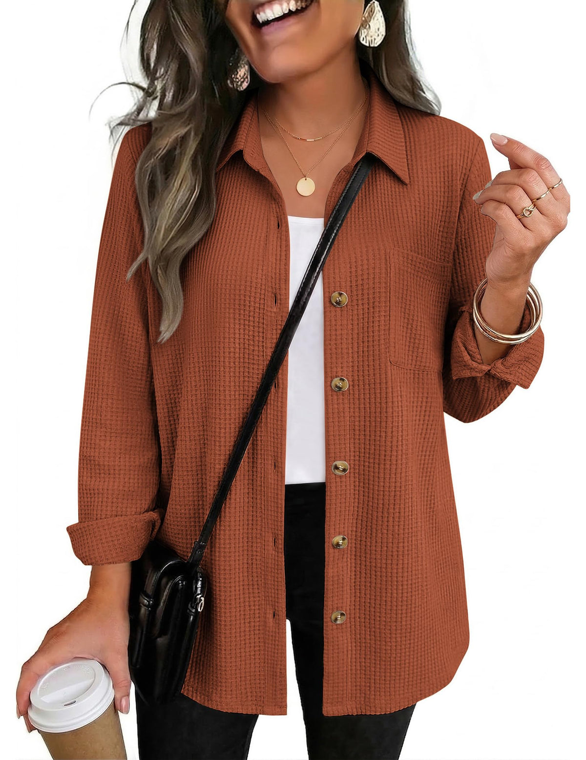 Zeagoo Womens Waffle Knit Shacket Button Down Long Sleeve Tops with Pocket