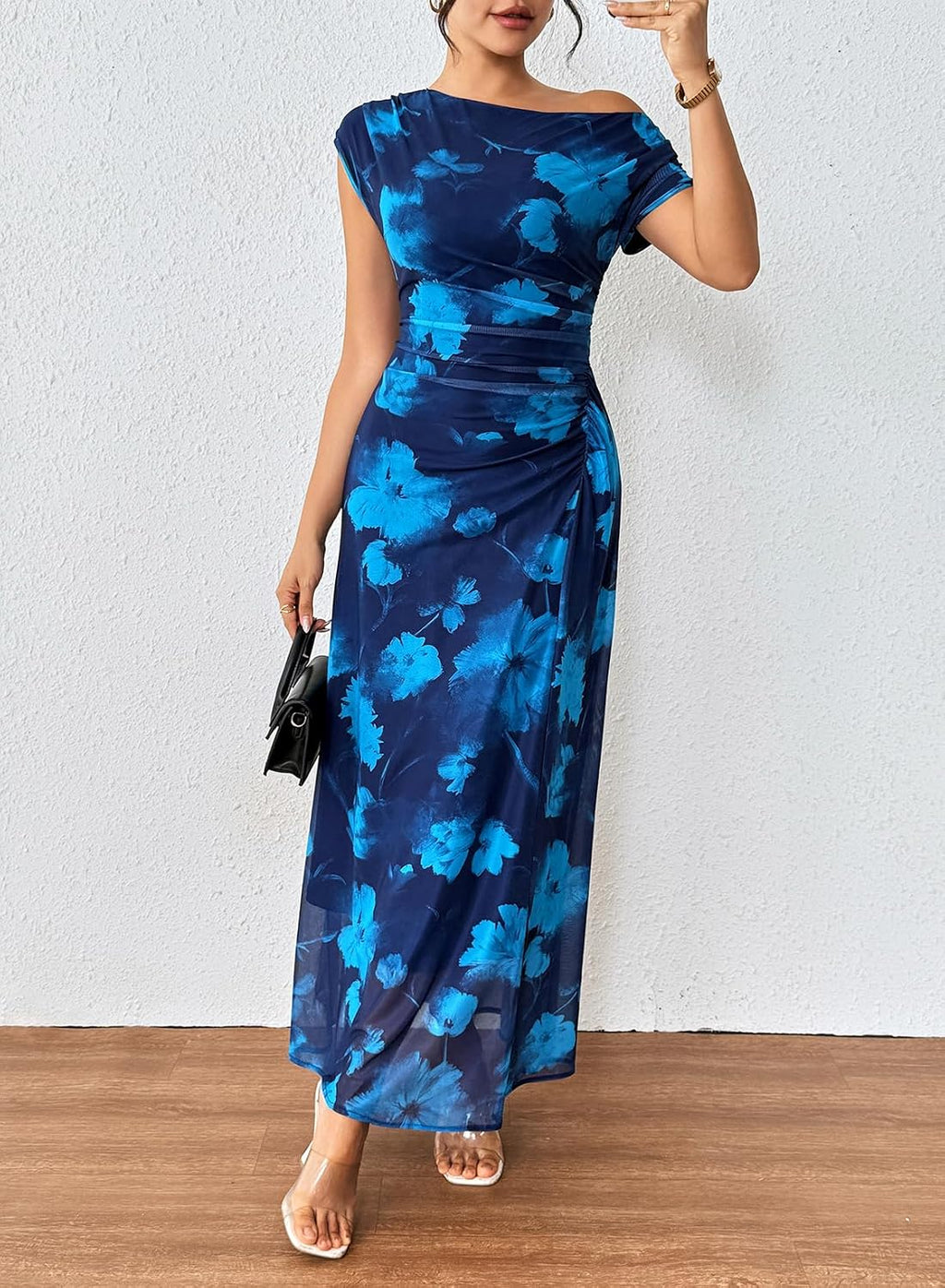 BLENCOT Women's Floral Off Shoulder Wedding Guest Dress Party Gown