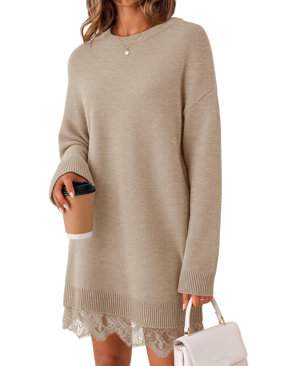 MEROKEETY Women's Fall Long Sleeve Lace Oversized Casual Knit Sweater Dress