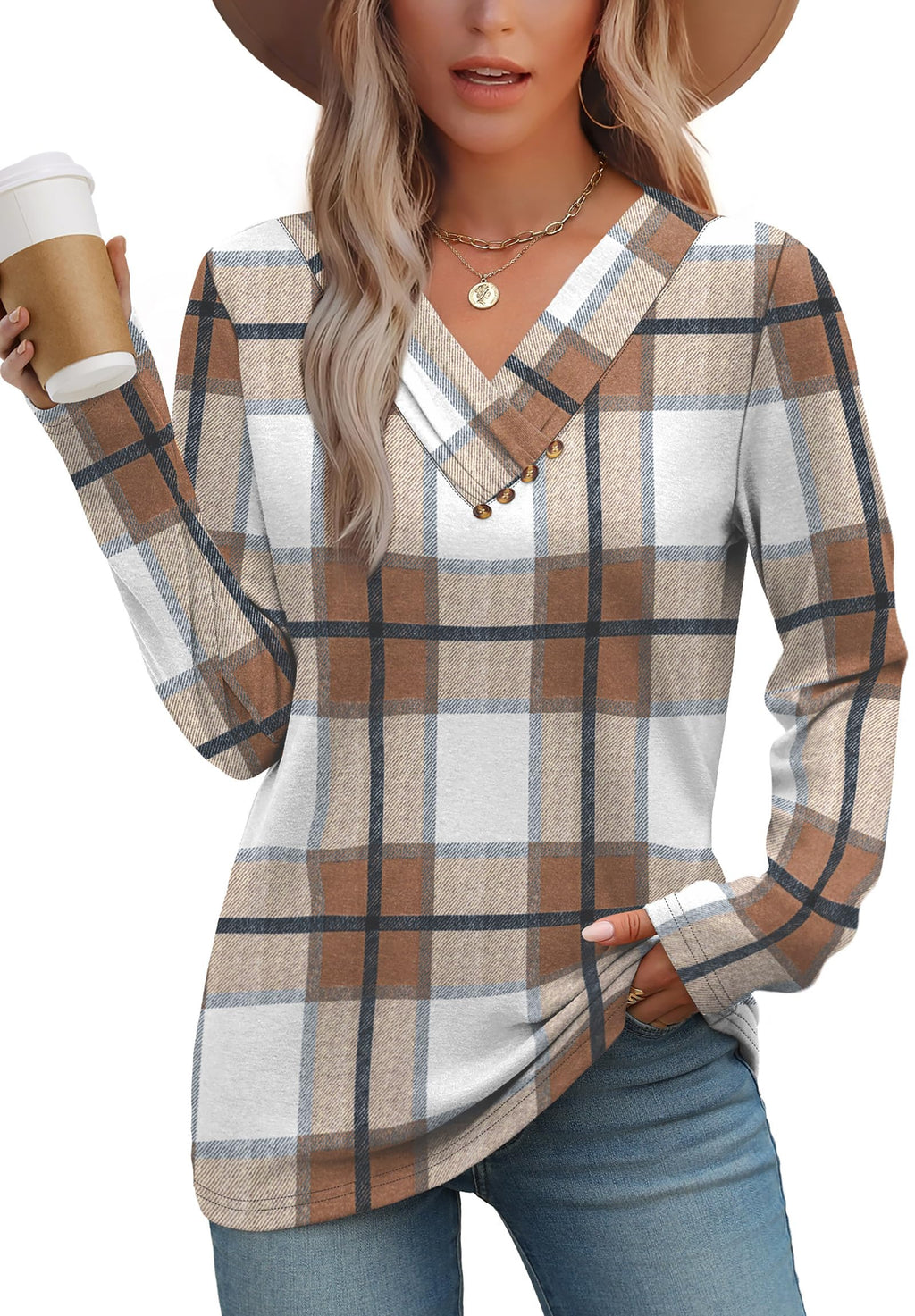 WIHOLL Long Sleeve Shirts for Women Fall Outfits V Neck T Shirts Button Down Tunic Tops Fashion Clothing