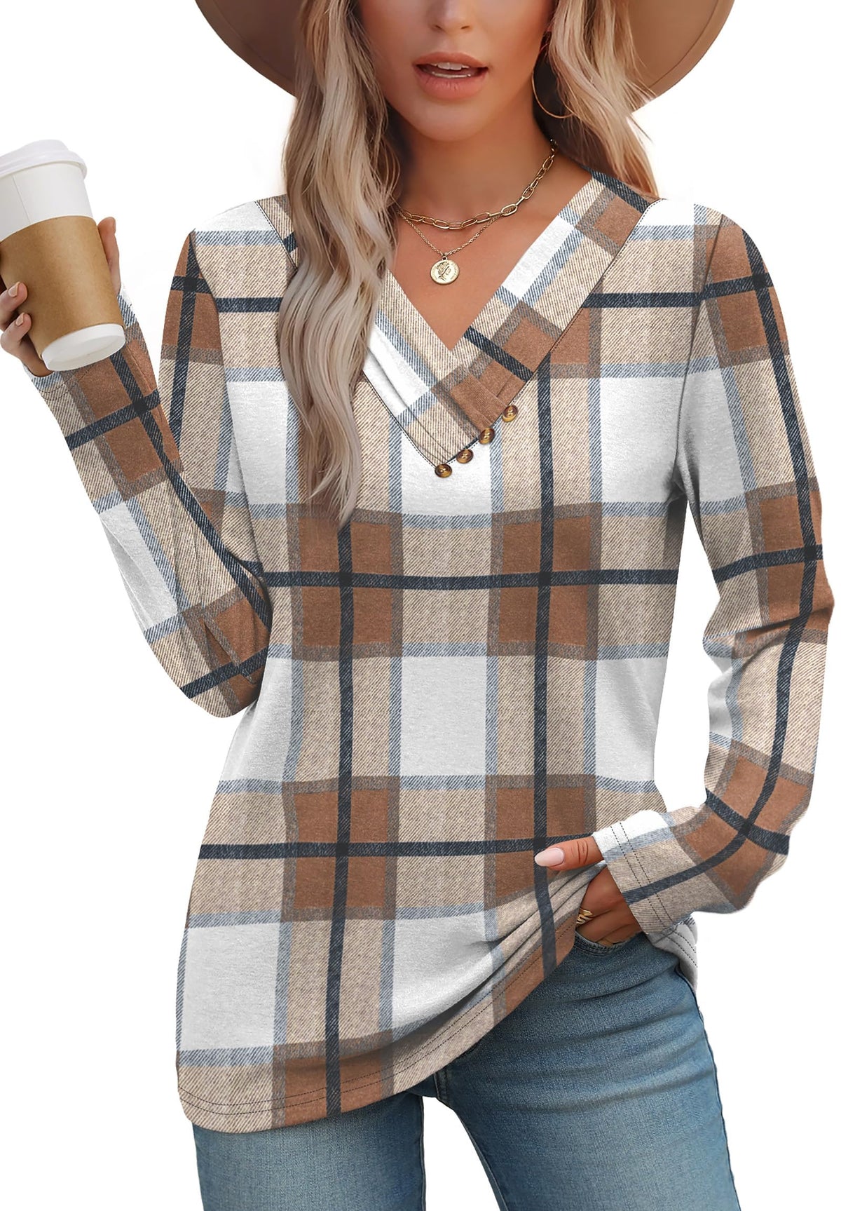 WIHOLL Long Sleeve Shirts for Women Fall Outfits V Neck T Shirts Button Down Tunic Tops Fashion Clothing
