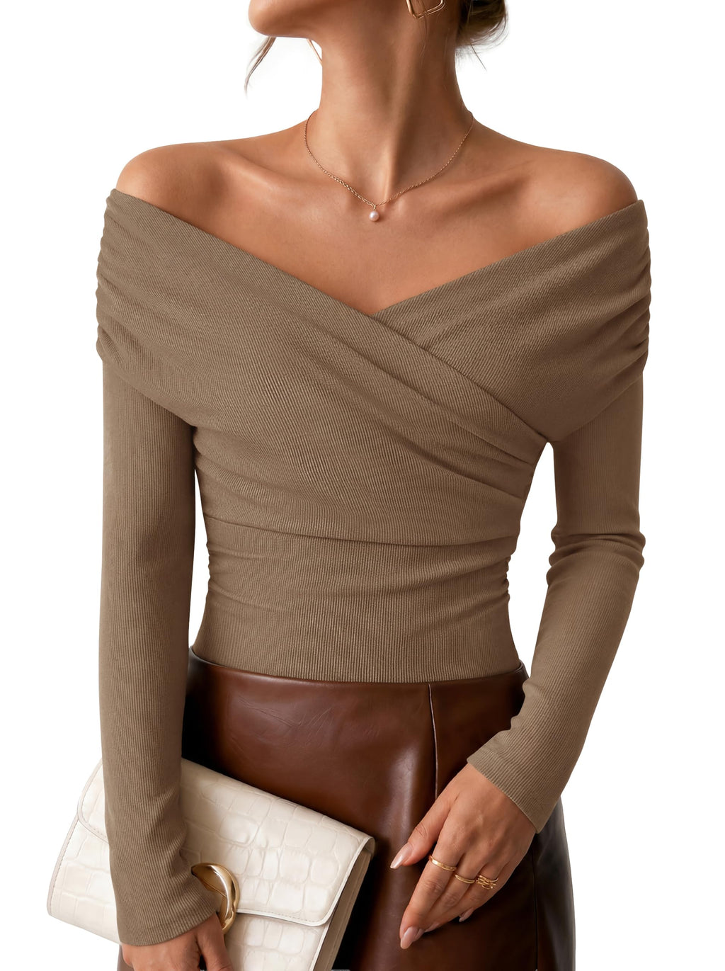 ZESICA Womens 2026 Fall Long Sleeve Wrap Off Shoulder Y2K Going Out Tops