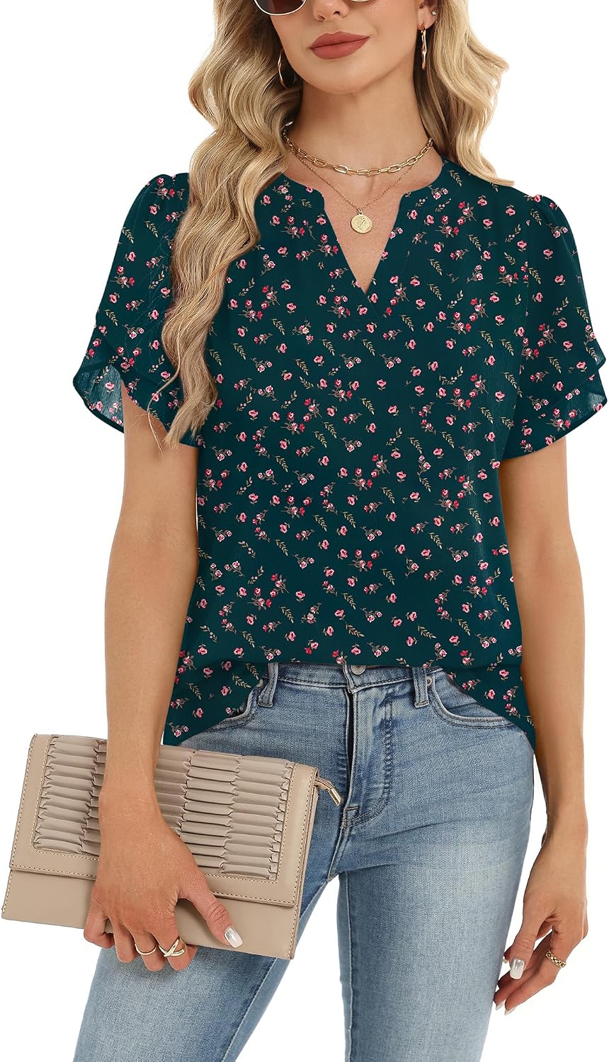 Zeagoo Womens Dressy Casual Chffon Shirts Short Sleeve V Neck Work Blouse
