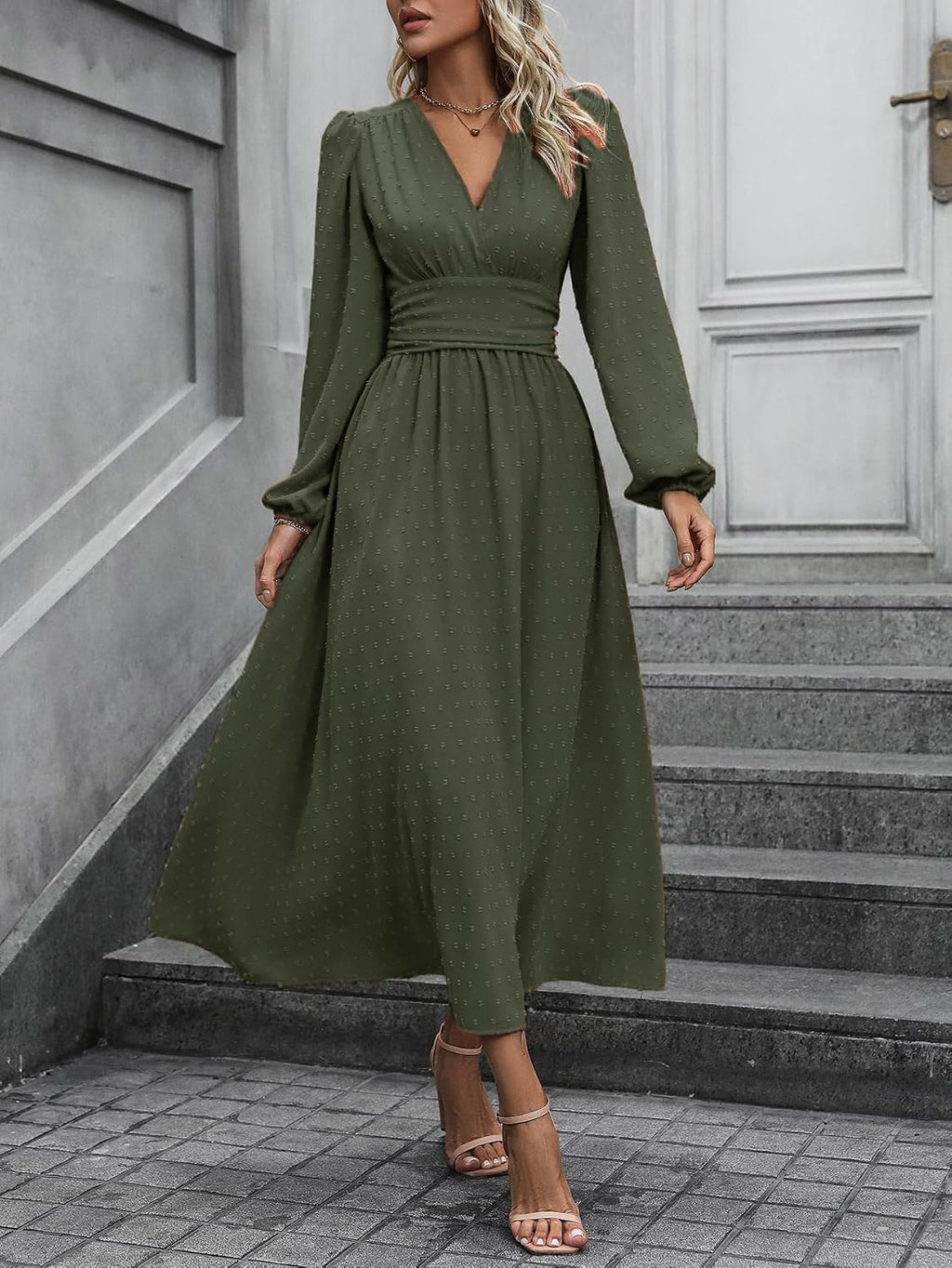 Mettclasi Women's Spring Fall Swiss Dot V-Neck Midi Dress Casual Puff Long Lantern Sleeve A-Line Flowy Wedding Guest Dress