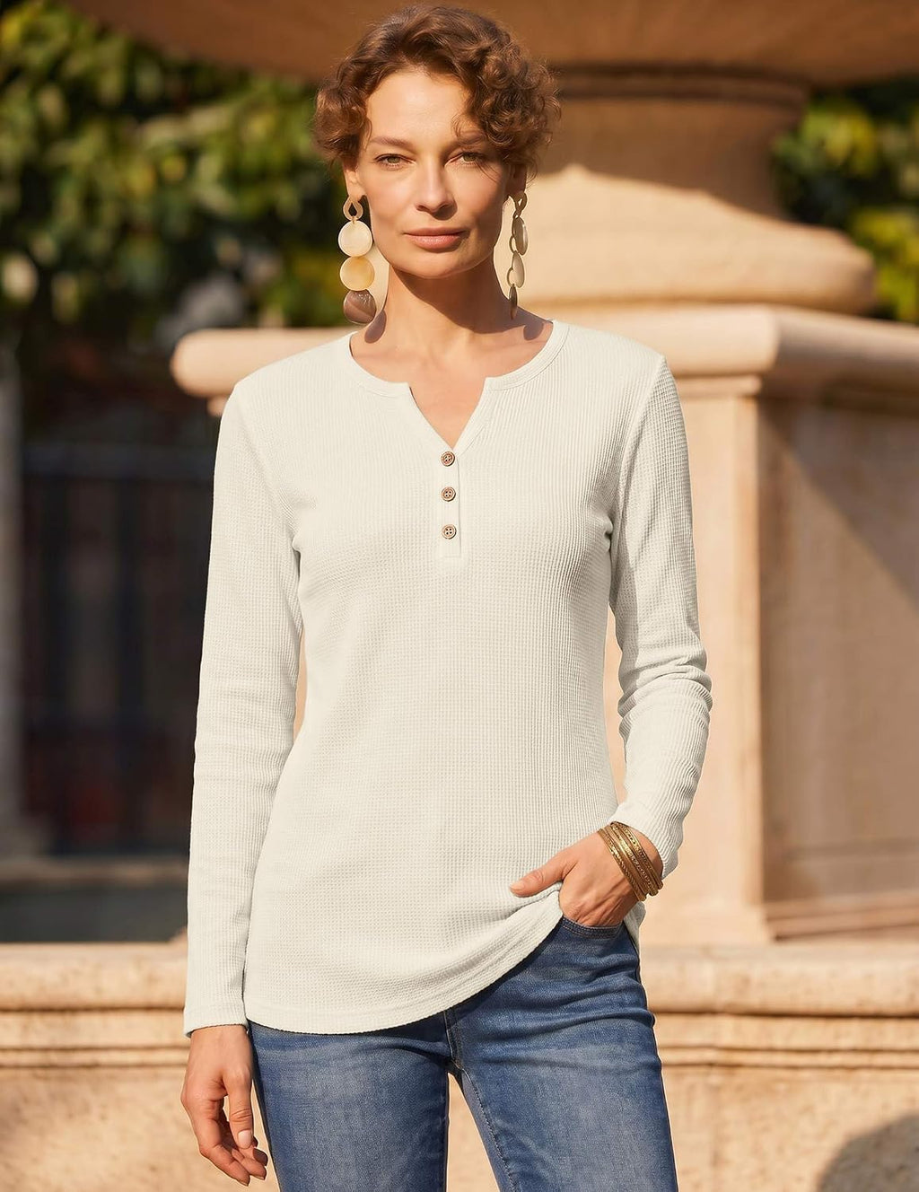 Zeagoo Women's Long Sleeve Waffle Knit Tops 2026 Fall Henley V Neck Shirts