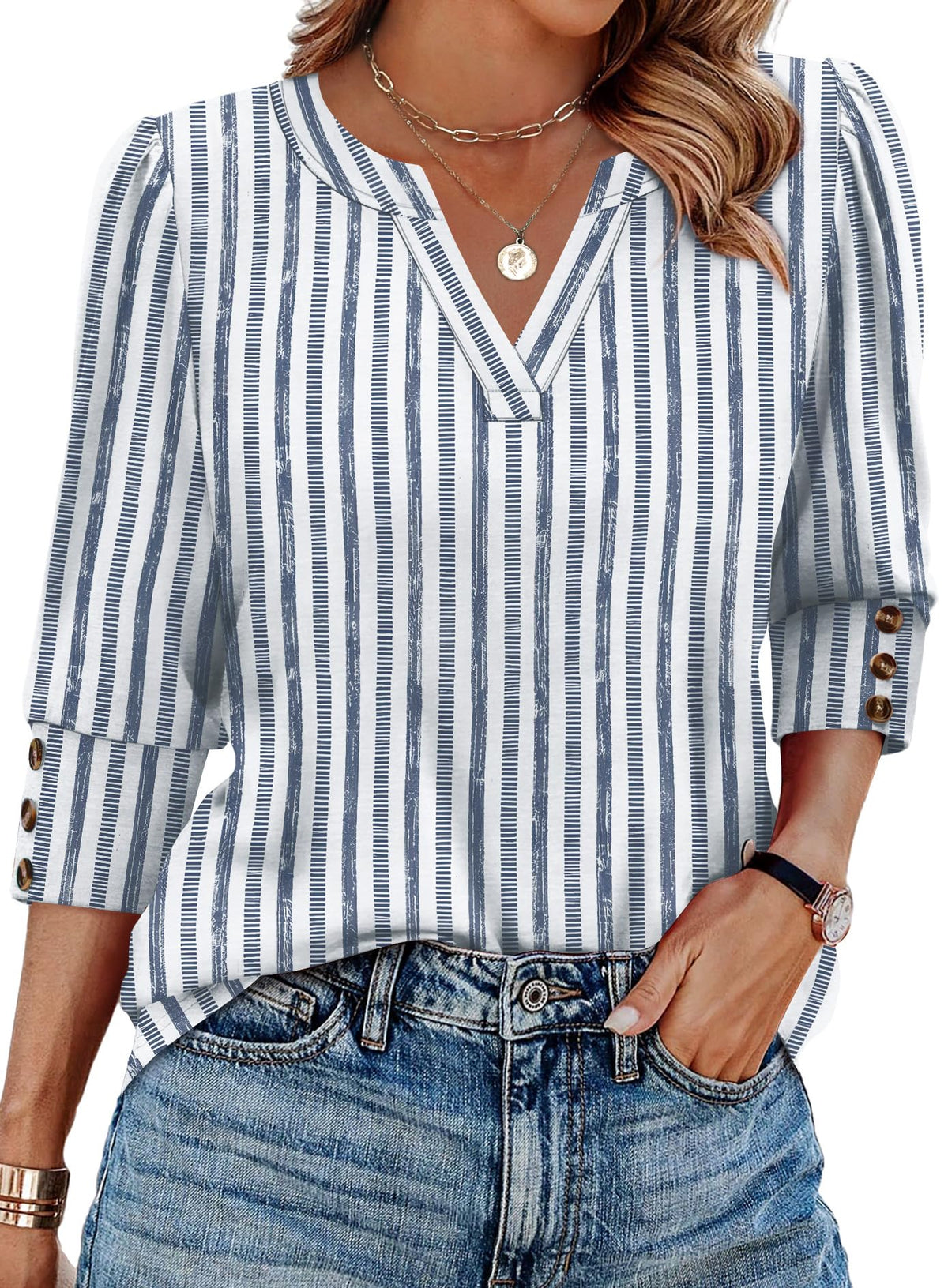 WIHOLL 3/4 Length Sleeve Womens Tops with Button Cuffs Dressy Casual V Neck Summer Outfits Early Fall Fashion Spring Clothes