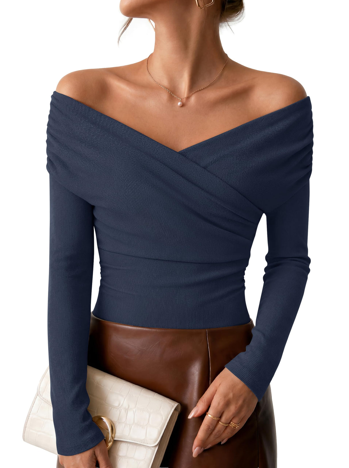 ZESICA Womens 2026 Fall Long Sleeve Wrap Off Shoulder Y2K Going Out Tops