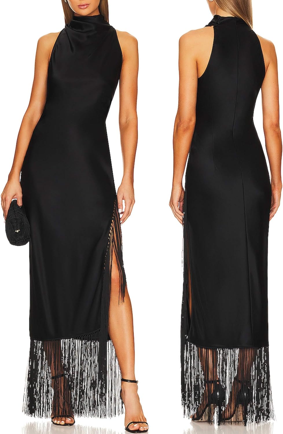 Women Gatsby Vintage Flapper Maxi Dress Halter Tassel Hem Gowns with Slit